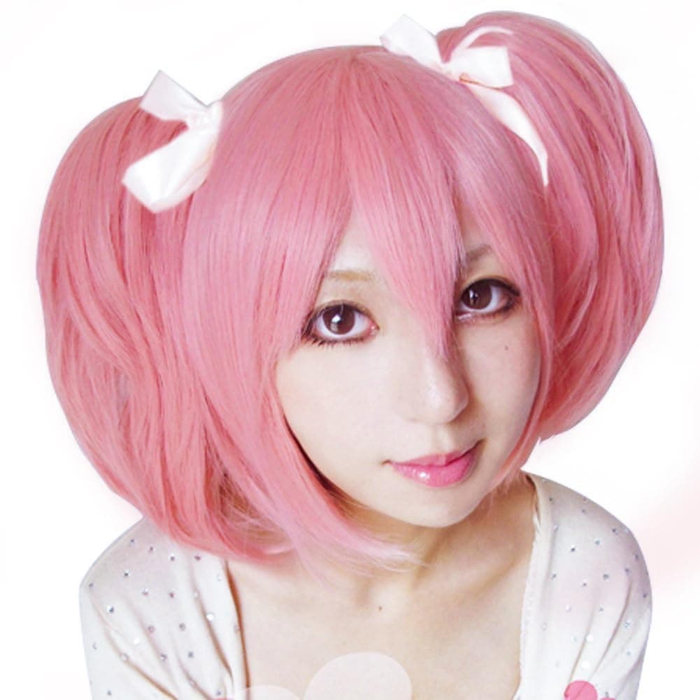 ANOGOL Hair Cap+ Madoka Wig Cosplay Madoka Magica Wig for Women Pink Pigtail Wig Short Lolita Wig with Double Ponytails Sweet and Lovely Synthetic Hair for Halloween Party Costume Wigs