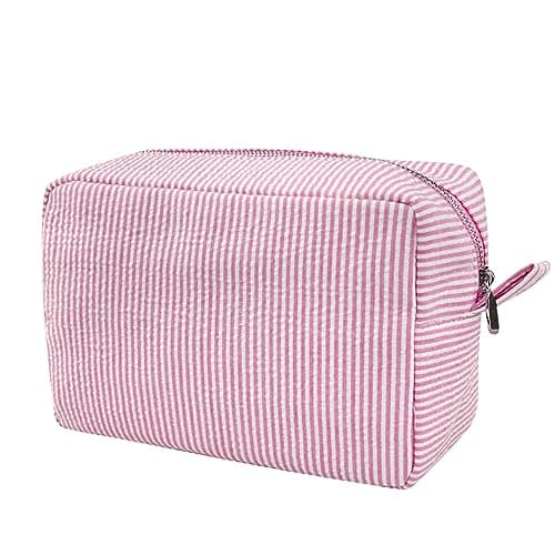 GFU Cosmetic Bag for Women, Large Makeup Bag, Travel Toiletry Stripe Cosmetic Bag, Seersucker Women Aesthetic Organizer Storage Pouch, Girls Handbags Purses (Pink)