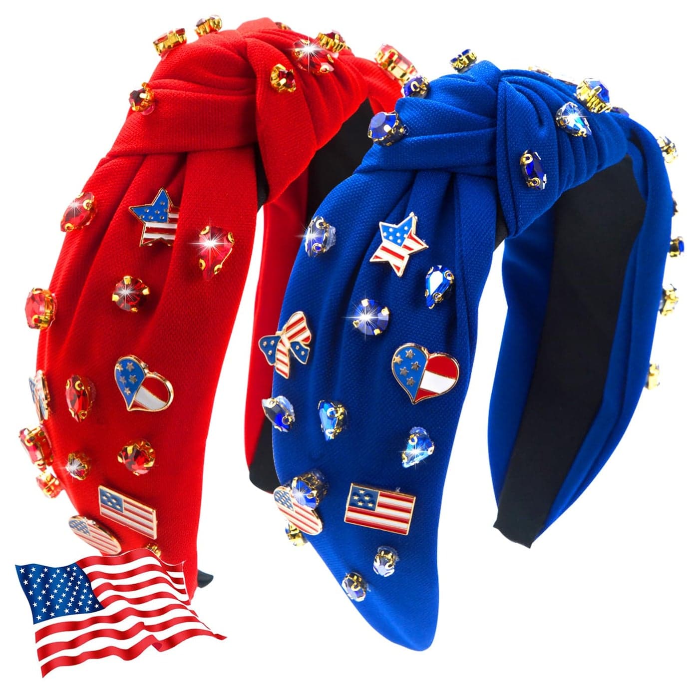 IDDFEVE 2Pcs 4th of July Headband for Women Rhinestone Knotted Design with USA Flag Heart Hair Hoop Patriotic Independence Day Memorial Day Wide Hair Accessory with Jeweled Crystal RedBlue