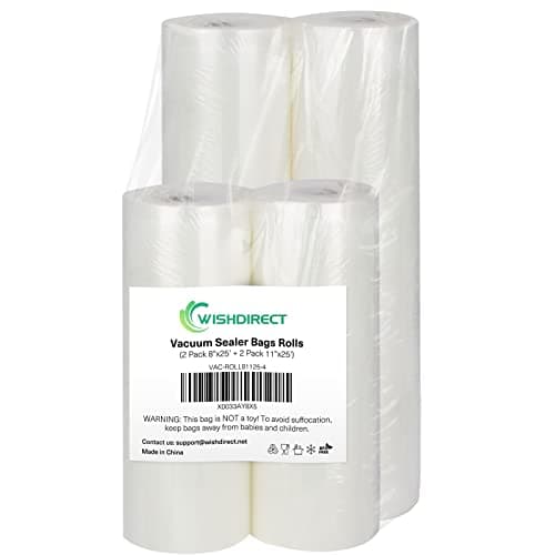 WishDirect Vacuum Sealer Bags Rolls Compatible with FoodSaver 2 Pack 11 x 25 and 2 Pack 8 x 25 Fit Inside Machine Commercial Grade Embossed Food Preservation Rolls Total 100 Feet