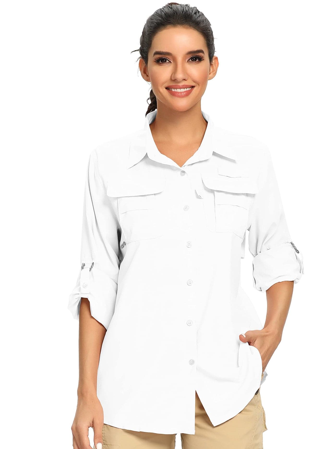 Jessie Kidden Womens Safari Shirts Sun Protection Sun Clothes for Women Outdoor Quick Dry Fishing Hiking Gardening Shirts (5055 White L)