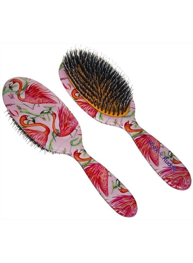 Natural Mixed Boar Bristle Hair Brush for Women and Kids (Large 8.3") - Perfect for Wet or Dry Hair, Detangling Smoothing Blowdrying - Designed & Made in UK - Flamingoes Design