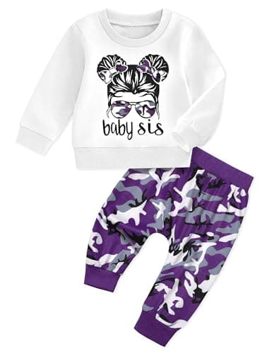 AGAPENG Baby Girl Clothes 12-18 Month Cute Cool Figure Graphic White Long Sleeve Sweatshirt Purple Camouflage Pants Set Pullover Sweatsuit Fall Winter Outfits