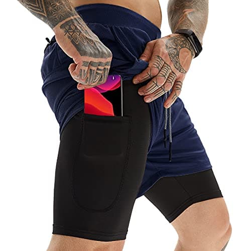 OEBLD Gym Shorts Men for Running, Training, Mens Athletic Workout Shorts with Compression Mesh Liner, Quick Dry, Lightweight, Phone Pocket, Towel Loop, 7inch Navy Blue