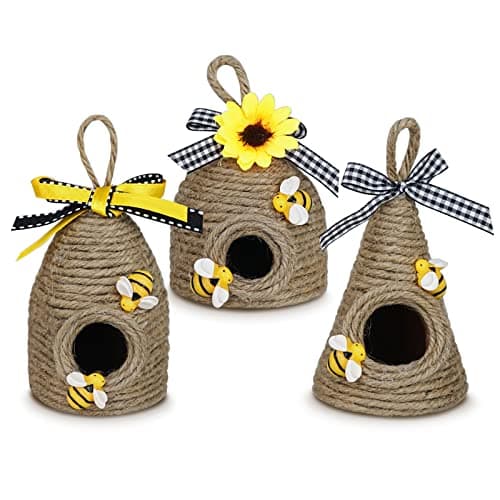 Rustic Bumble Bee Hive Decor - 3 Pack Natural Bee House, Spring/Summer Farmhouse Kitchen Table Tiered Tray Decor