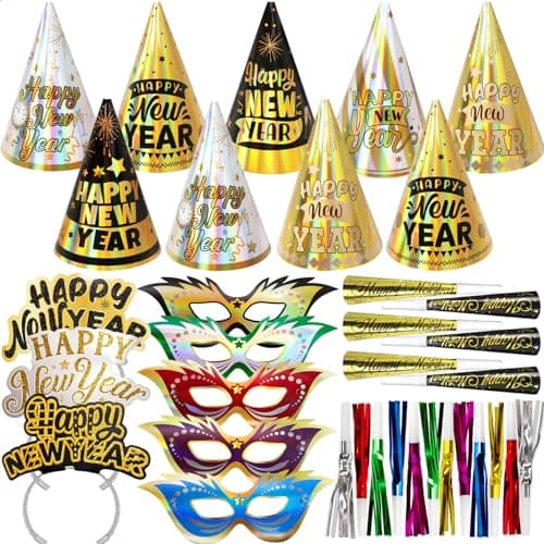 Fancy Land New Years Eve Party Supplies for 25 Guests 2026 75 Pcs NYE Party Supplies Gold Silver NYE Hats Glitter Tiaras Decorations Noise Makers Paper Masks Favors Kits