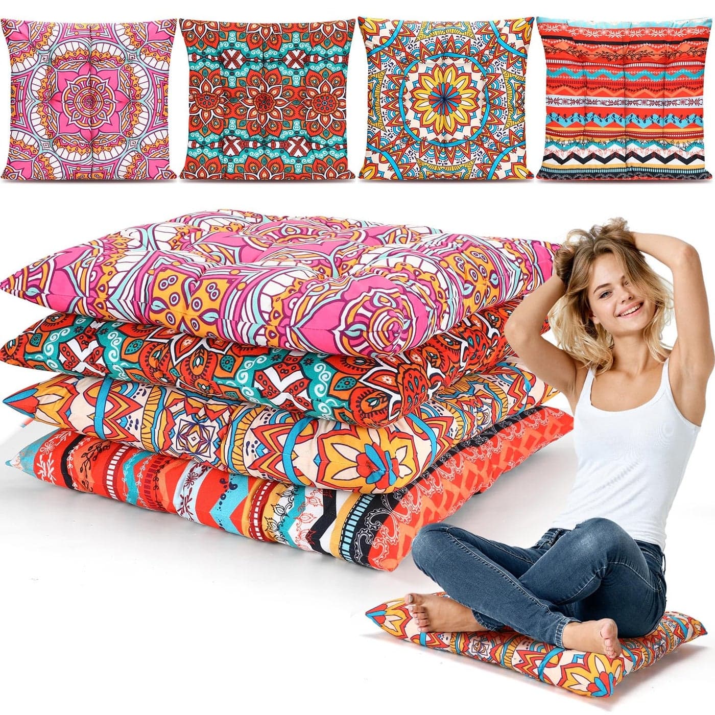 Nuogo 4 Pack Large 22 Inch Bohemian Floor Pillows Square Boho Floor Cushions Seating Pillows for Soft Yoga Meditation Pillow Mandala Pouf for Living Room Tatami Reading NookExquisite