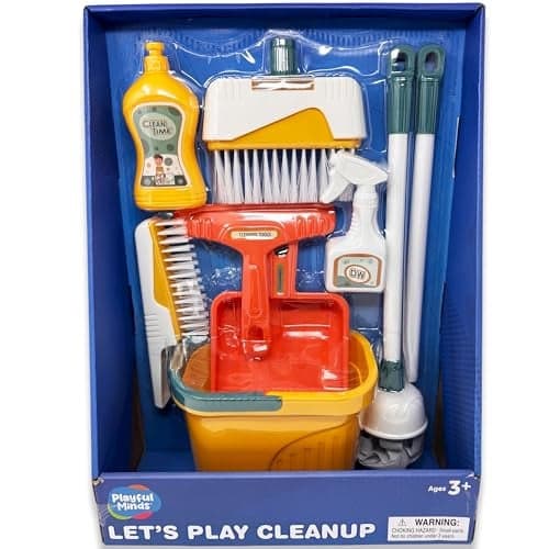 Playful Minds 8Piece Cleaning Playset for Toddlers Broom Mop Pail Dustpan Brush Squeegee and Pretend Bottles Perfect for Imaginative Play and Skill Building