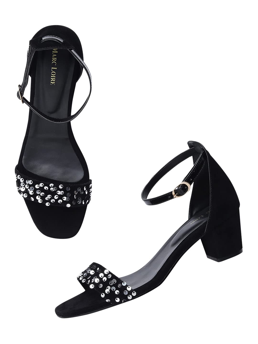 Marc Loire Women's Slip On Black Sequence Block Heel Fashion Sandal for Casual, Outdoor, Party and Holidays, 5 UK