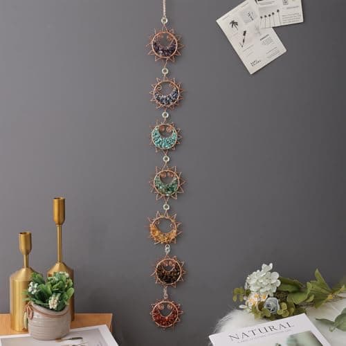 7 Chakra Healing Crystals Hanging OrnamentHandmade Sun Chakra Stones Natrual Gemstones Wall Hanging Ornaments for Home Decor Yoga Meditation 7 Chakra Sun
