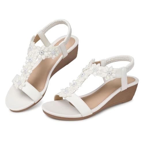 SHIBEVER Wedge Sandals for Women Dressy: White Size 8 Summer Open Toe Dress Sandals - Comfortable Ankle Strap Low Wedges Womens Sandal