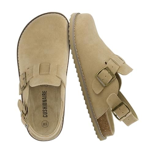 CUSHIONAIRE Brooklyn Suede Womens Slides– Comfortable Clog Mules with Adjustable Buckles – Summer Shoes for Women,BISCUIT 7.5