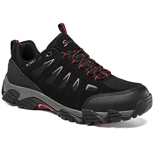 SHULOOK Men's Waterproof Hiking Shoes Lightweight Anti Slip Outdoor Ankle Boots Breathable Hike Trekking Trails Shoe Black/Red 9.5
