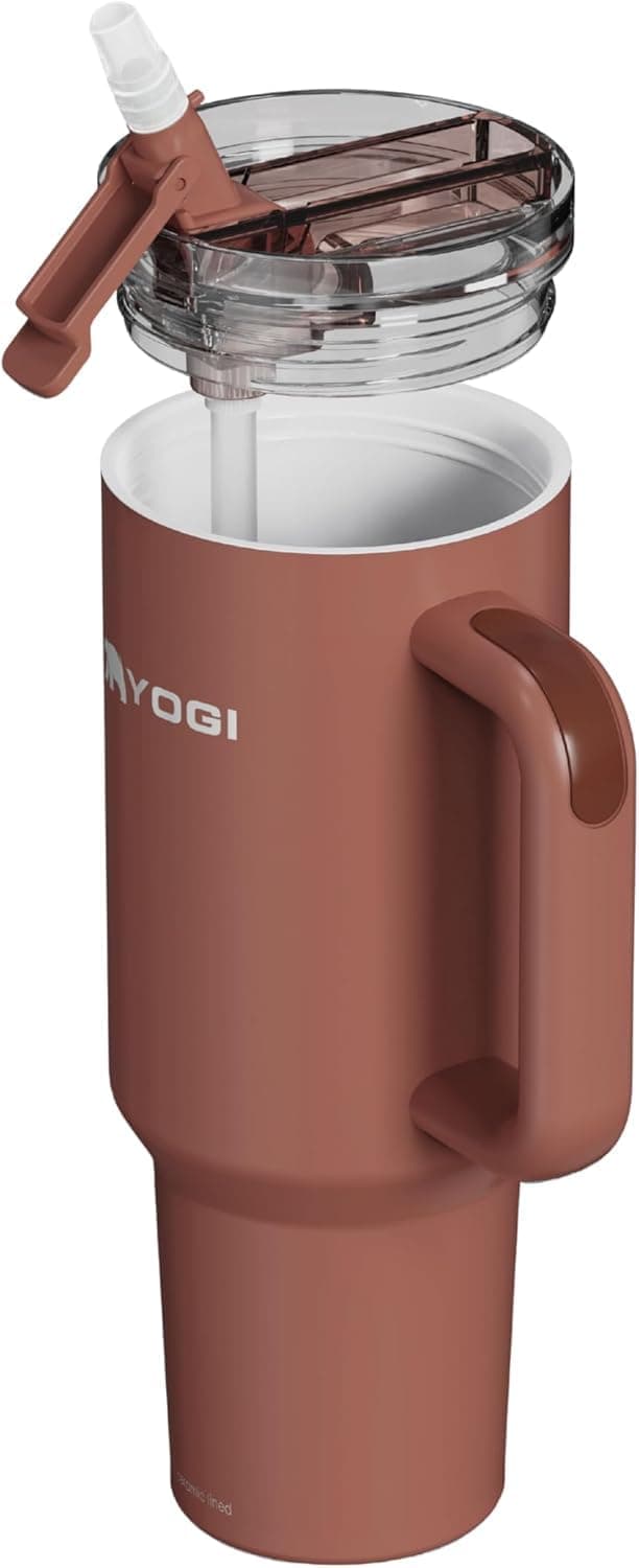 YOGI Ceramic Lined Metal Allergy Safe 40oz Tumbler with Handle & Straw Leakproof Flip & Sip Lid Vacuum Insulated Stainless Steel Travel Cup for Iced Coffee Water and All-Day Hydration 40oz Terracotta
