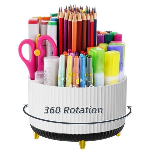 Marbrasse Desk Organizer, 360-Degree Rotating Pen Holder, Desk Organizers and Accessories with 5 Compartments Pencil Holder, Art Supply Storage Box Caddy for Office, Home (White+Black)
