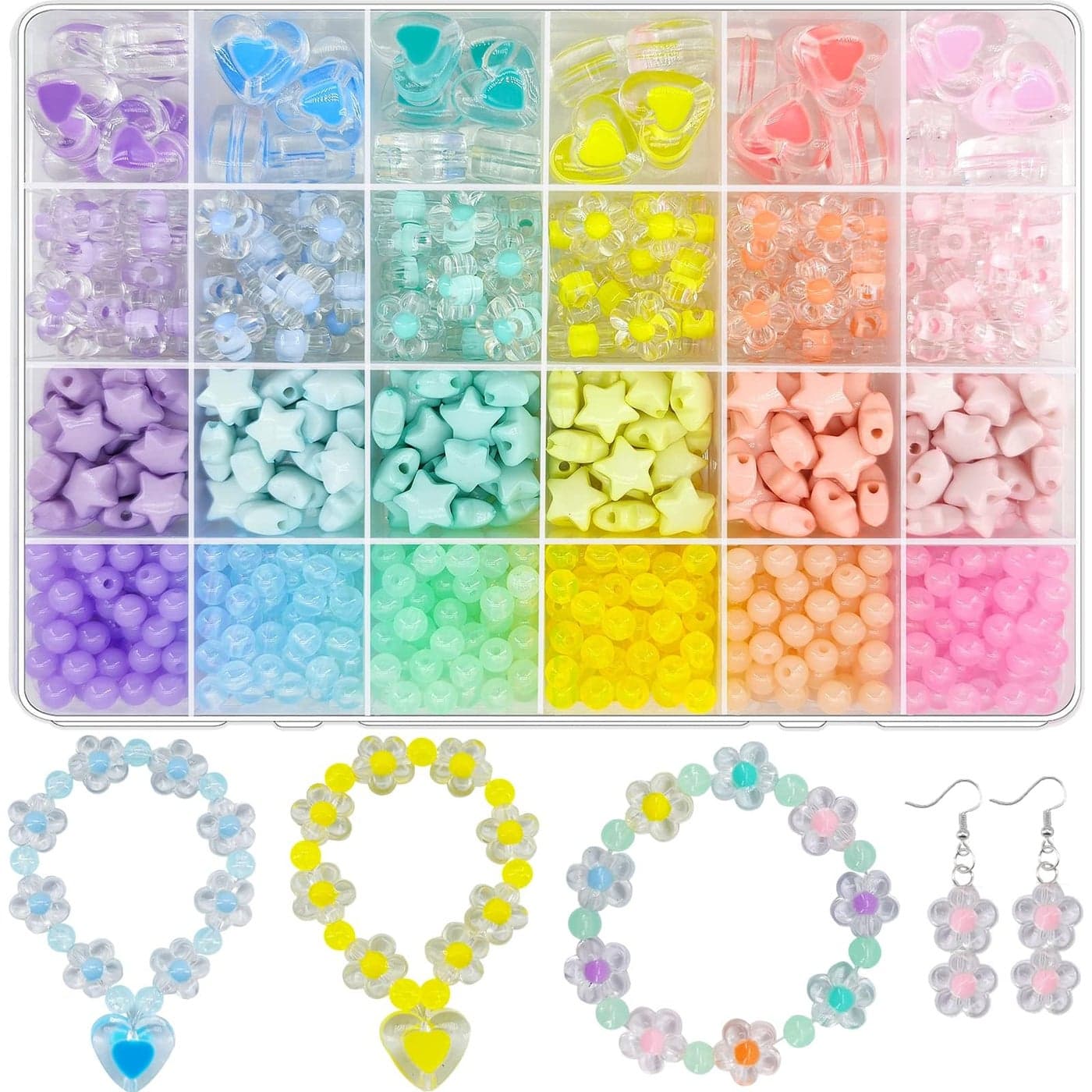 798pcs Macaron Colors Acrylic Star Hart Flower Hair Round Pastel Colorful Assorted Cute Aesthetic Kawaii Beads for Bracelets Jewelry Making Hair Braids