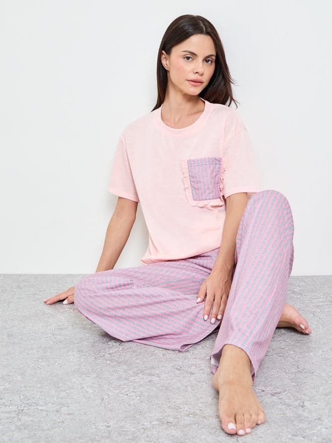 Styli Pink Striped Ruffle Edge Pocket T-Shirt and Straight Pyjama Set