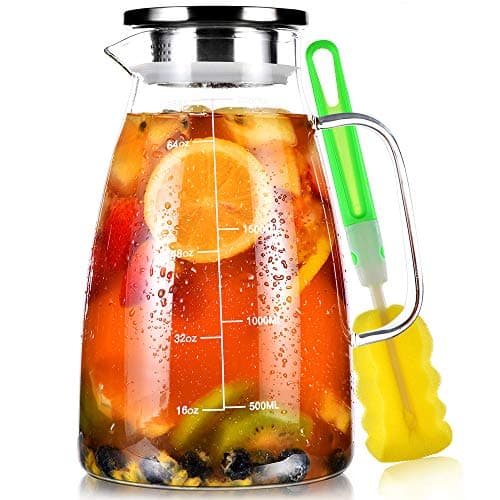 Aofmee Glass Pitcher, 68oz Water Pitcher with Lid and Precise Scale Line, 18/8 Stainless Steel Iced Tea Carafe, Easy Clean Heat Resistant Borosilicate Jug for Juice, Milk, Cold or Hot Beverages
