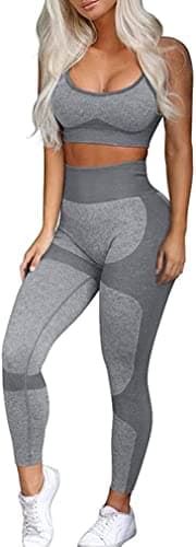 OLCHEE Women’s Workout Sets 2 Piece - Seamless Yoga Leggings and Cross-Strap Sports Bra Gym Outfits Activewear Matching Set - Grey X-Large