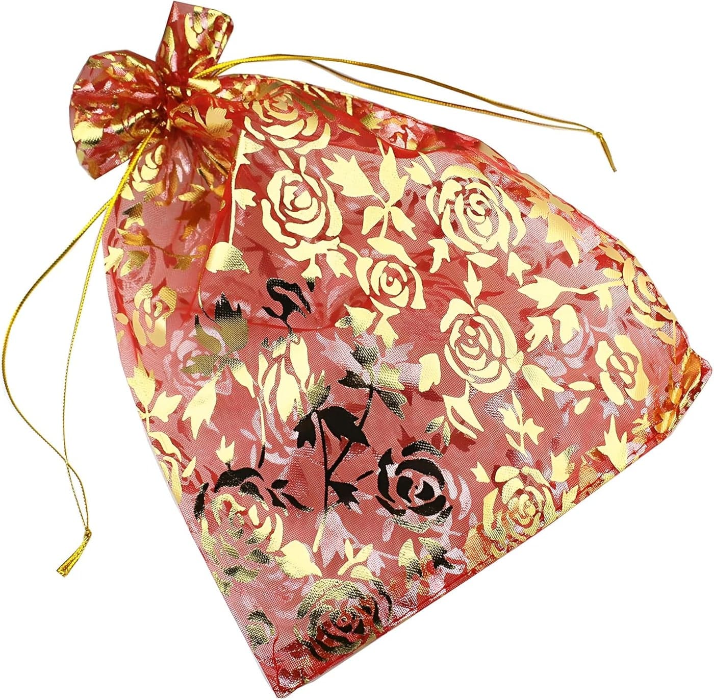 NFI Essentials 16 * 24 Cm Set of 50 Organza Wedding Favor Bags with Drawstring Potli Bags for Return Gifts Jewelry Gift Pouch Candy Pouch Dry Fruit Pouches (Red)