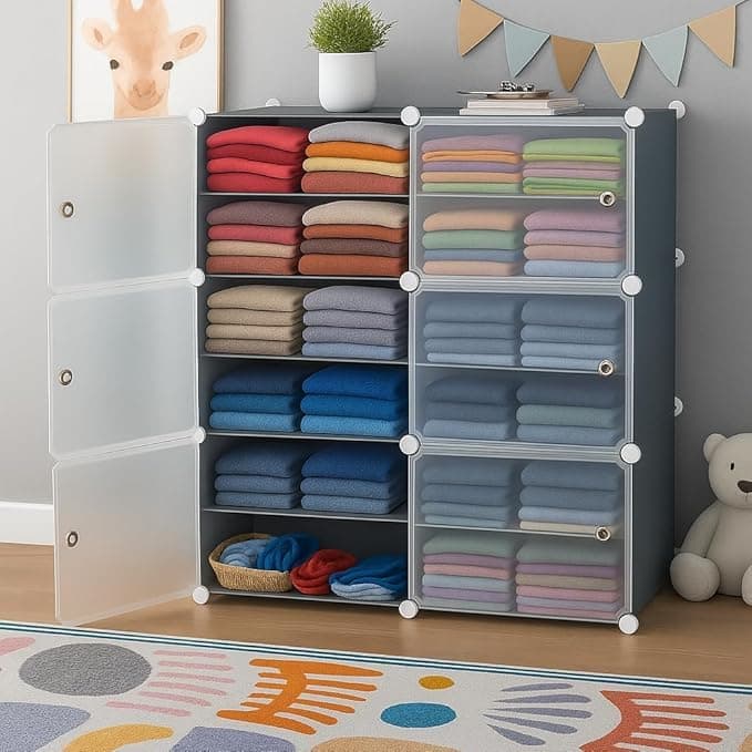HOMIDEC Almirah for Clothes,Plastic Soft Sheet Collapsible Wardrobe for Clothes for Kids Clothes/Toy/Book, Baby Cupboard for Clothes Storage in Bedroom NurseryCartoon (Grey, 6 - Door)
