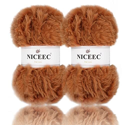 NICEEC 2 Skeins Faux Fur Yarn Super Soft Chunky Fluffy Eyelash Yarn for Crochet Knitting Total Length 70yds353oz Caramel