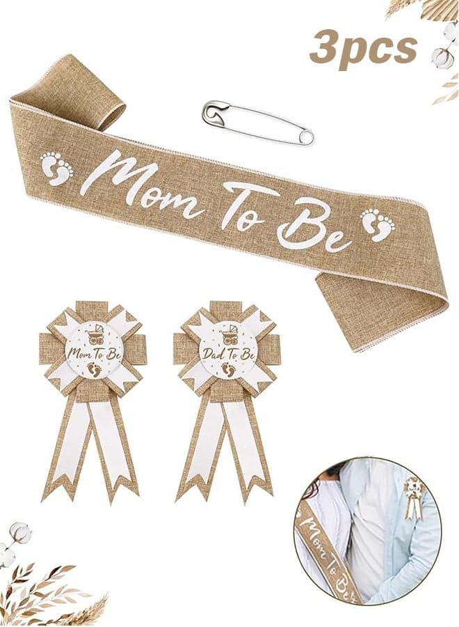 3PCS Baby Shower Neutral Burlap Mom to Be Sash Rustic Boho Baby Gender Reveal Sash Baby Shower Tinplate Badge Pin Mommy Sash And Daddy to Be Badge for Gender Reveal and Baby Showers Decorations
