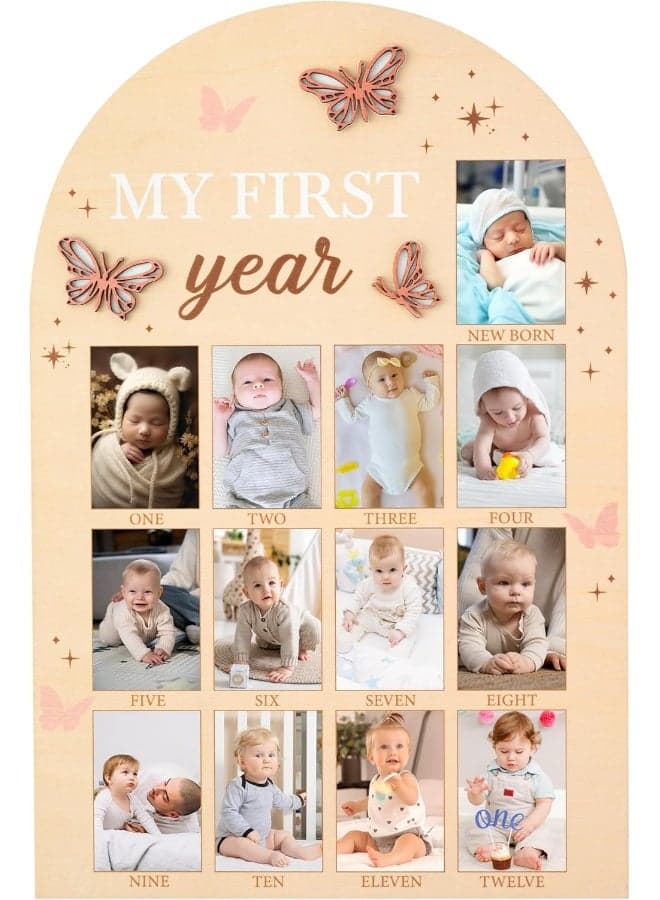 R HORSE My First Year Photo Frame Board, 3D Butterfly Baby First Year Picture Frame 12 Months Milestone Display Wood Board Baby Keepsake 1st Birthday Nursery Decor Gift for Boy Girl