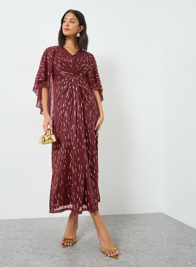 Maroon Foil Print Cape Sleeve Maxi Dress
