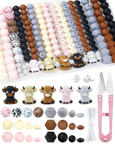 FIVEIZERO 185PCS Silicone Focal Beads for Keychain Making Animal Cow Round Lentil Hexagon Printed Rhinestone Sliver Spacer Beads for Pens Bracelets Crafts with Elastic Cord Scissors