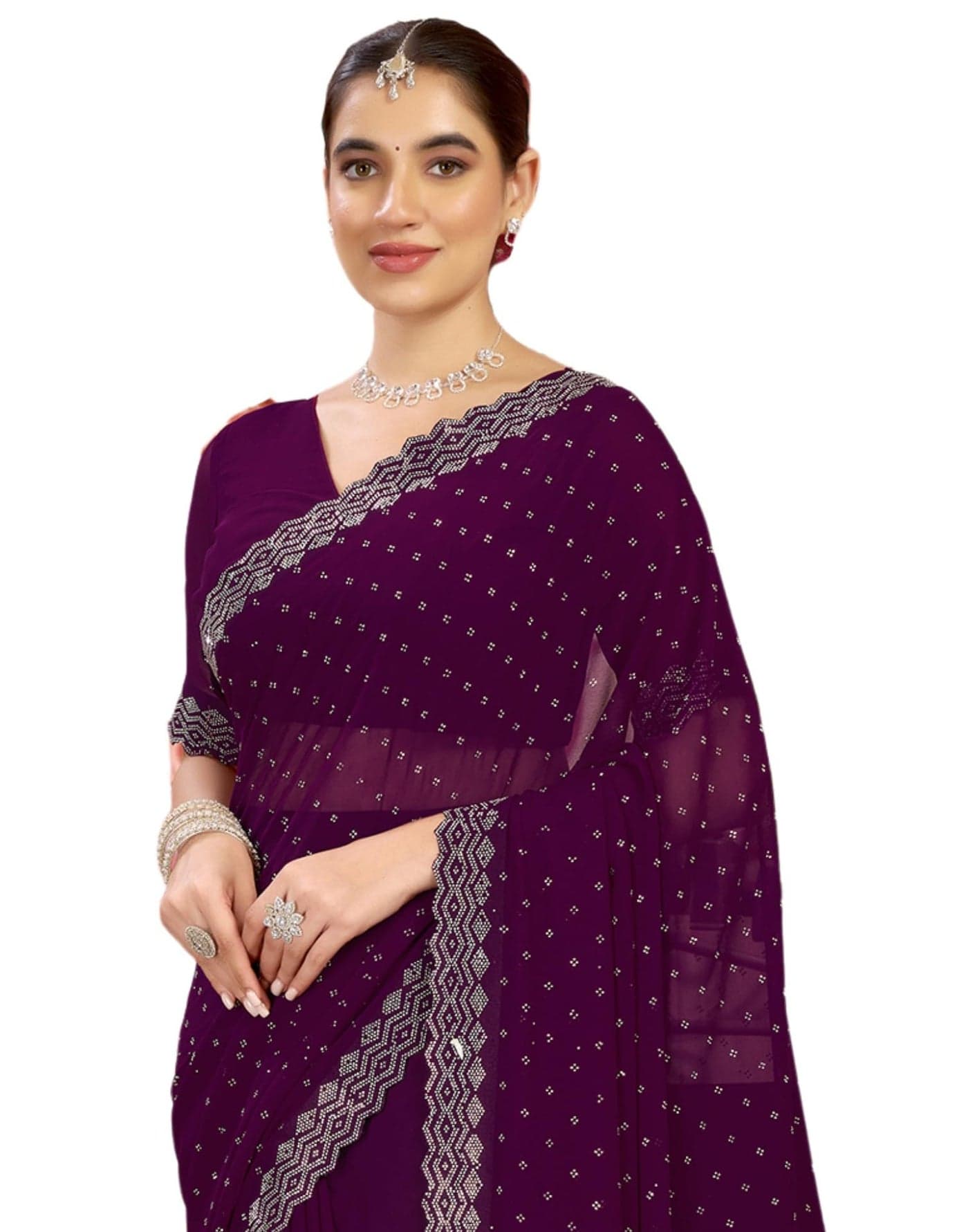SIRIL Women's Georgette Hot Fixing Stone Work Saree With Unstitched Blouse Piece (4085S190_Dark Purple)