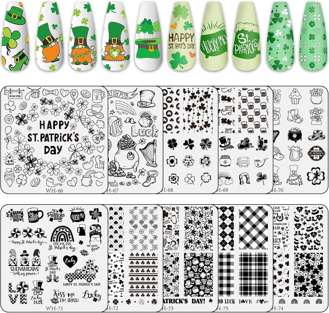 Whaline 10Pcs St Patricks Day Nail Art Stamping Plates Kit Shamrock Gnome Image Stamp Templates Irish Nail Art Plates for Holiday DIY Print Manicure Salon Design Gift