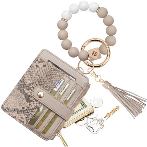 COOLANS Wristlet Bracelet Keychain Pocket Credit Card Holder Purse Tassel Keychain Bangle Key Ring for Women (Silicone Bead Bracelet+Card Purse (Snakeskin grey))