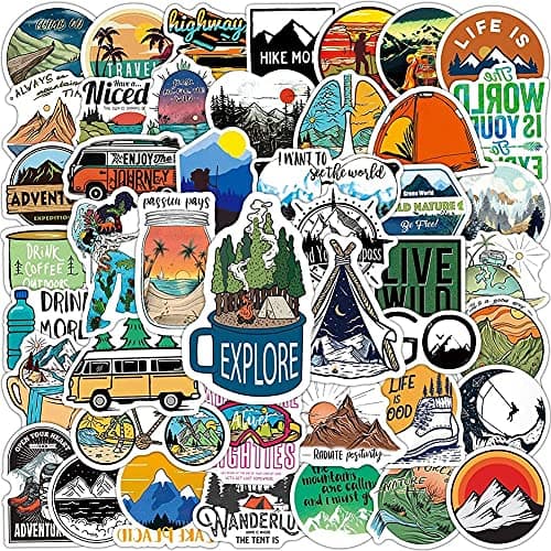 iDream Camping Landscape Adventure Stickers (3-8 cm) – Waterproof Vinyl for Laptop, Desk, Skateboard, Luggage, Guitar, Toy, Furniture, DIY Scrapbooking – (Set of 100) Travel & Climbing Designs