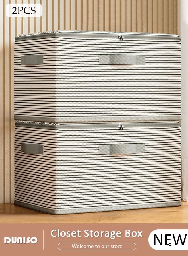 2 Pack Closet Storage Box with Zipper Lid, Dust Proof Attic Fabric Storage Box, Foldable Closet Storage Bins with Durable Handles, Wardrobe Clothes Organizer with Lid, Storage Basket for Seasonal Garment Organizer for Home, Closet, Office