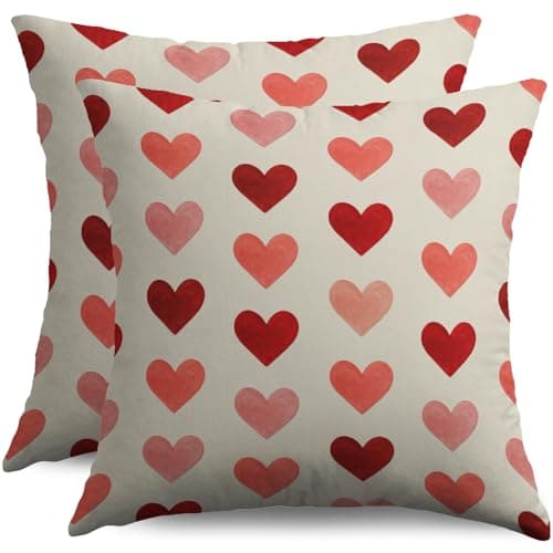Valentines Day Pillow Covers 18x18 Inch Set of 2 Red Pink Love Heart Print Valentines Decorative Throw Pillowcases Holiday Anniversary Outdoor Farmhouse Cushion Cases Decor for Sofa Couch Bed
