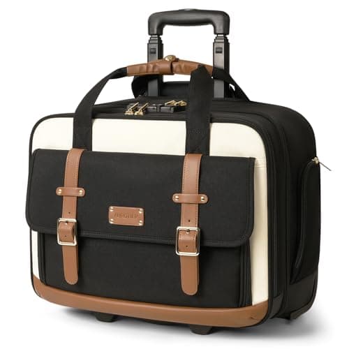 Rolling Laptop Bag for Men and Women, 16 Inch Computer Bag with Wheels Underseat Carry on Luggage, Laptop Briefcase Case for Work, Travel, College Teacher, Mobile Office Bag, Black Beige Brown