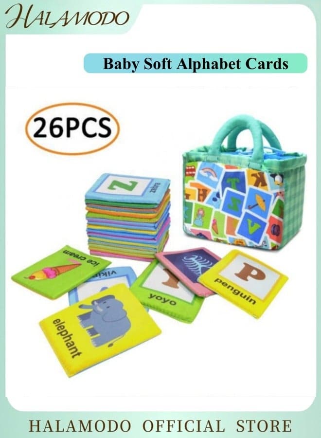 26 PCS Baby Soft Alphabet Cards ABC Learning Flash Cards with Storage Bag Washable Soft Letter Early Educational Toy for Babies Infants Toddlers Boys and Girls 0 1 2 3 Years Old
