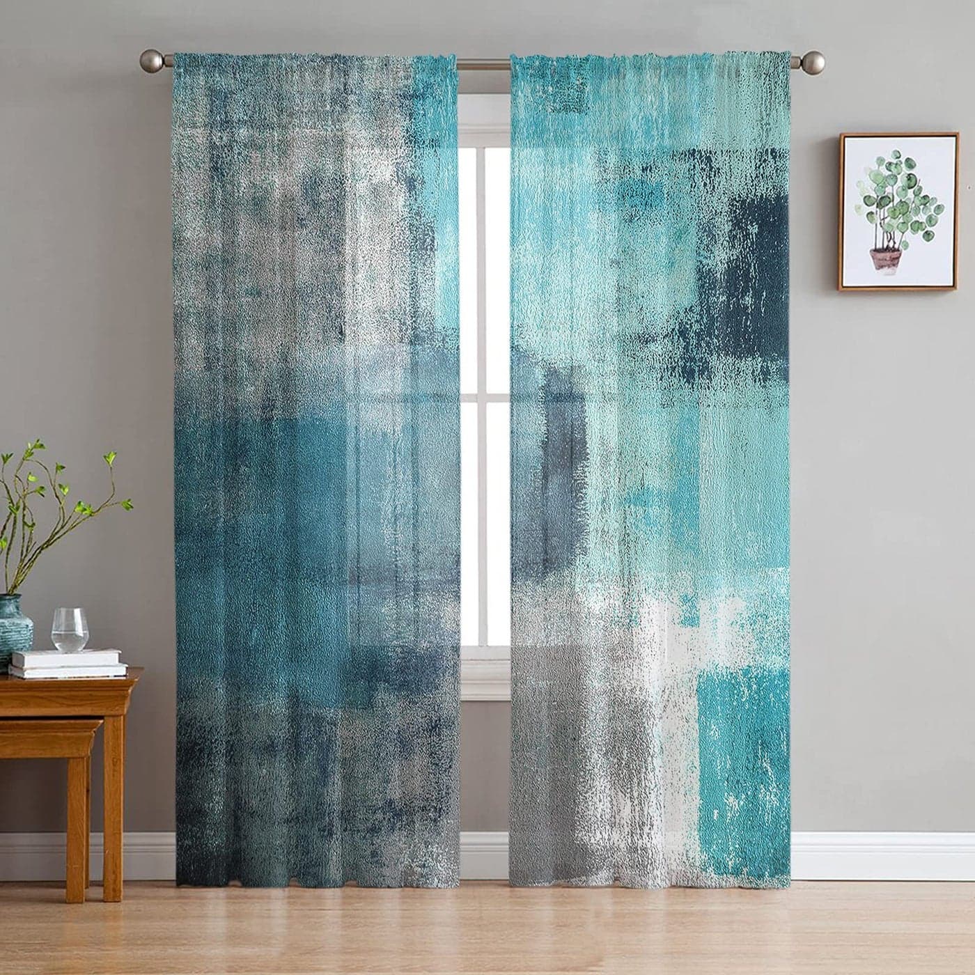 Turquoise Blue Grey Sheer Curtains 63 Inch Length 2 Panels Set for Living RoomBedroom Teal Abstract Art Painting Semi Curtain Sheers Drapes Rod Pocket Curtains Window Treatment Set