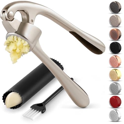 Zulay Kitchen Premium Garlic Press Set Rust Proof Dishwasher Safe Professional Garlic Mincer Tool EasySqueeze EasyClean with Soft Ergonomic Handle Silicone Garlic Peeler Brush Silver