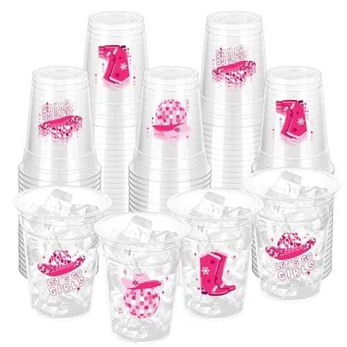 ZCPTZ 100 Pcs Pink Cowgirl Disco Plastic Cups 12 oz Western Cowgirl Plastic Cups Clear Disposable Western Cowgirl Party Cups for Cowgirl Birthday Party Baby Shower Last Rodeo Party Supplies
