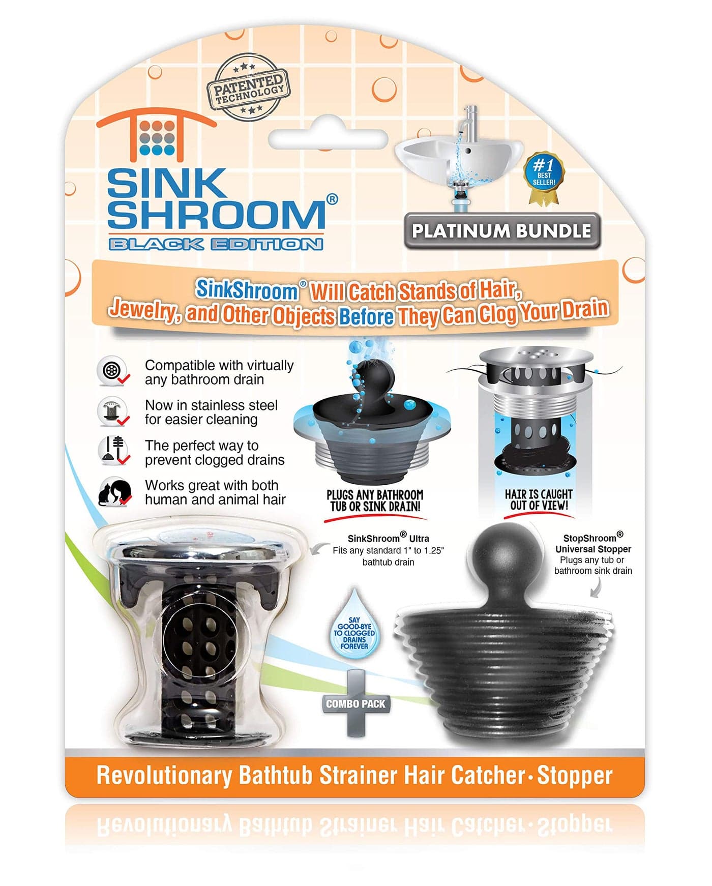 SinkShroom Combo Edition Revolutionary Bathroom Sink Drain Protector Hair Catcher Strainer Snare Plus StopShroom Stopper