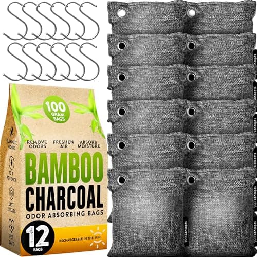 Charcoal Odor Absorber for Strong Odor (Large, 12 Pack, 100g each), Perfect for Smelly Shoes, Bamboo Charcoal Air Purifying Bag, Activated Charcoal Odor Absorber for Closet, Shoe, Car, Odor Deodorizer