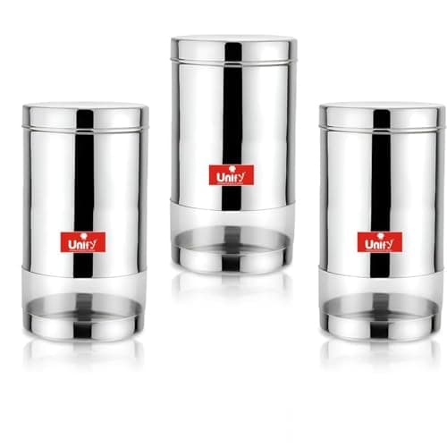 Unify 3 Pieces Stainless Steel Container Set for Home & Kitchen Storage Set/See through Airtight Jars Ideal for Spices, Food Grains, Nuts (Capacity: 900ML, Pack of 3, Glossy)