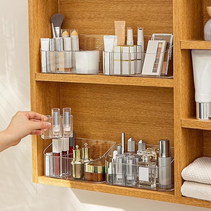 SUNFICON Makeup Holder Tray Organiser Cosmetic Display Case Tabletop Desktop Vanity Countertop Bathroom Wall Cabinet Medicine Storage Box 9 Dividers 2 Removable for Womens Ladies Girls Crystal Clear