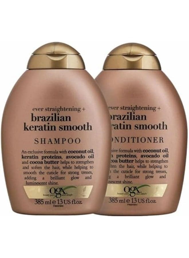 OGX Ever Straightening Shampoo & Conditioner with Brazilian Keratin, 385ml Pack of 2, Smooth & Silky Hair, Keratin Treatment for Frizz-Free, Straighter-Looking Hair