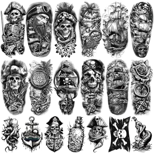 77 Sheets Pirate Temporary Tattoos Adult,Captain Anchor Compass Sailboat Tattoos, Pirate Ships Flag Skull Crossbones Sailor Fake Tattoo for Costume, Fake Arm Tattoos for Men Women Kids