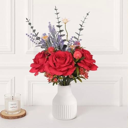 Artificial Flowers in Vase, Silk Roses Flowers Artificial Eucalyptus Lavenders Small Daisies and Fake Plants in White Ceramic Vase, Floral Centerpieces for Tables, Faux Flowers for Coffee Table Décor