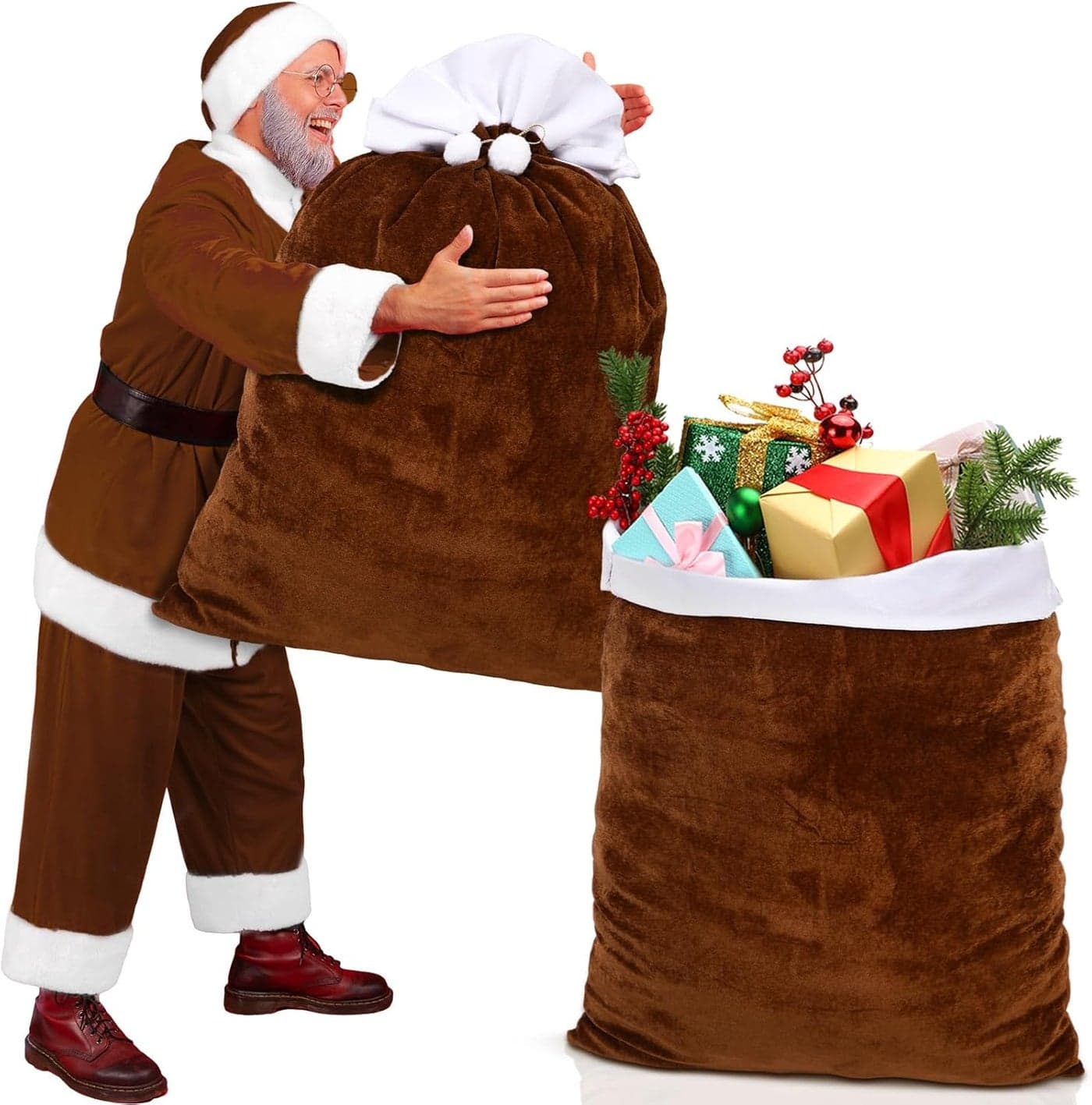 Shappy 2 Pcs Christmas Velvet Santa Claus Bags 20 x 28 Inch Large Santa Gift Sack with Drawstrin Christmas Gift Presents Bags for Xmas Present Toys Holiday Party SuppliesBrown