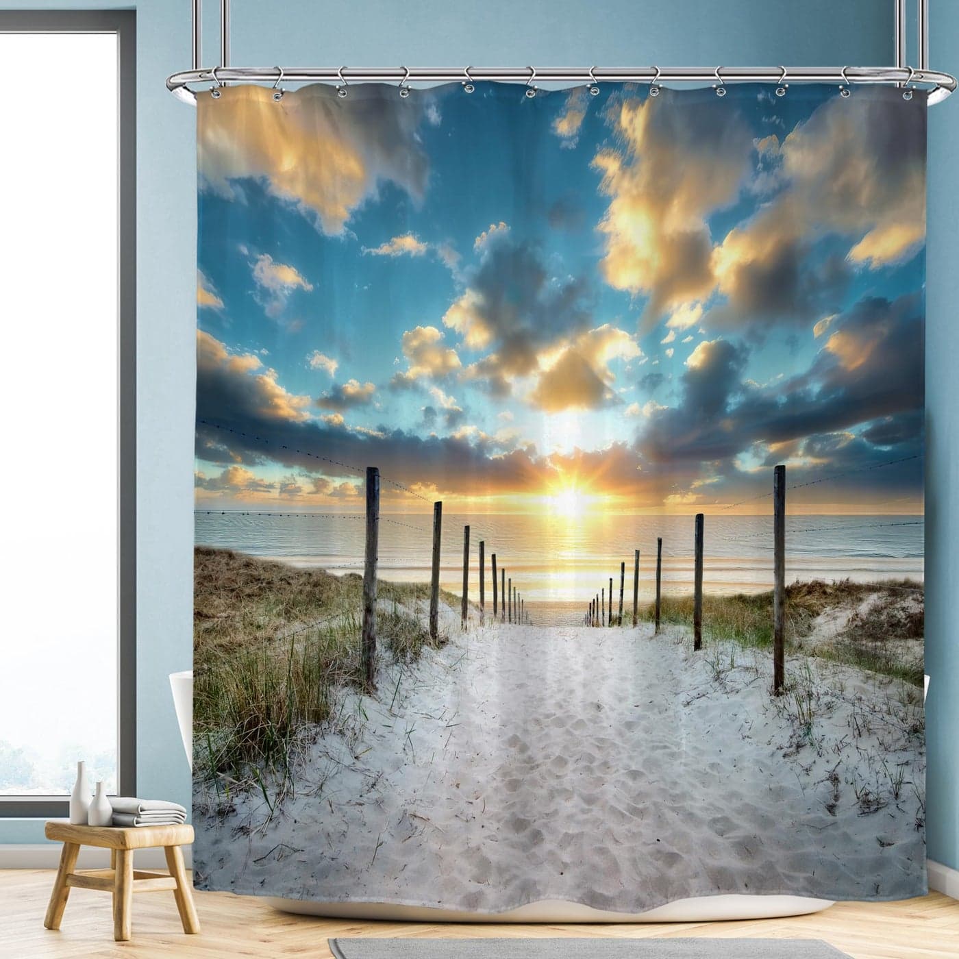Riyidecor Ocean Beach Shower Curtain 72Wx72H Sunset Summer Sunrise Hawaiian Scenic Blue Sky Seaside Cool Sea Landscape Sand Decor Fabric Bathroom 12 Pack Plastic Shower Hooks